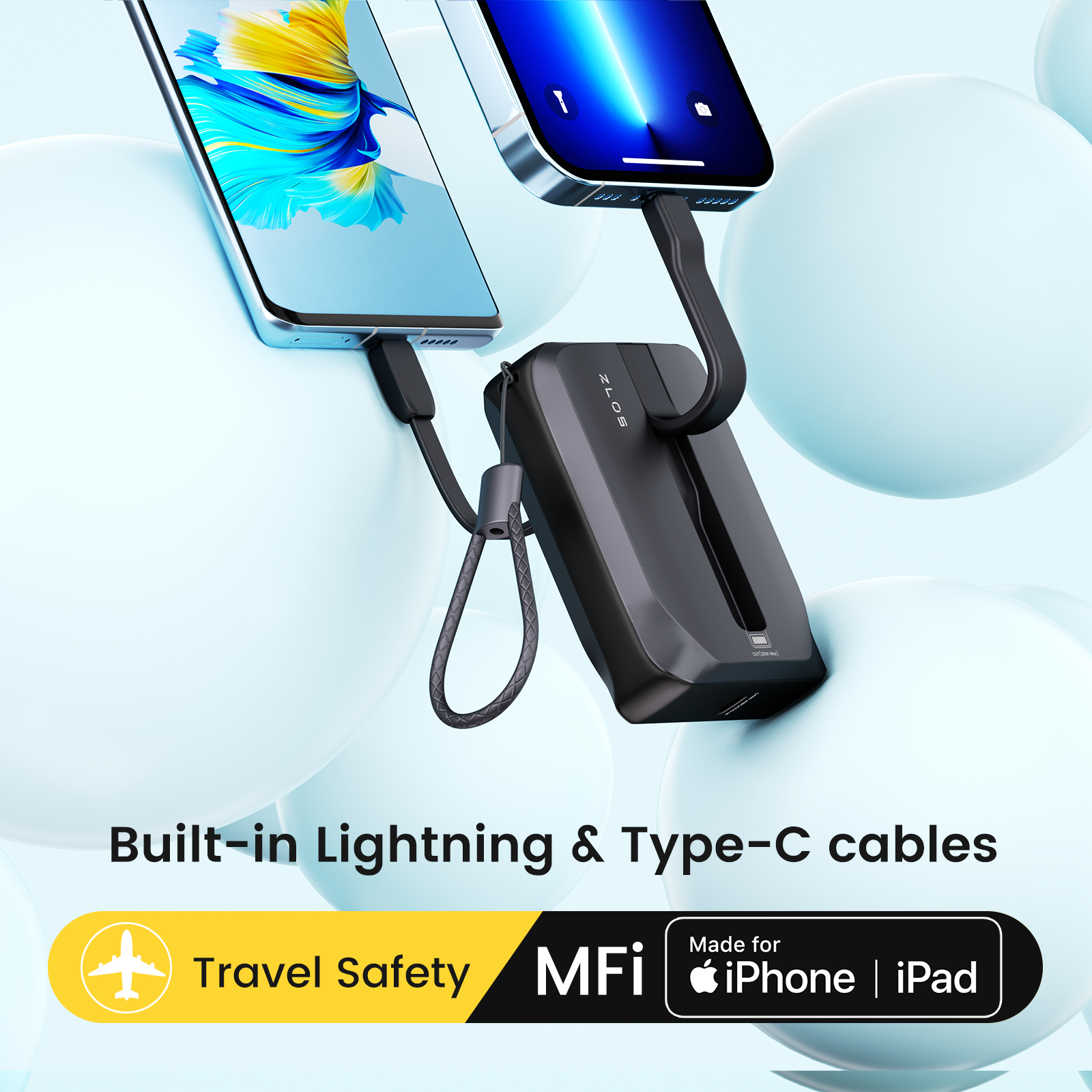 ZLOS TINY 10 Portable Mini Power Bank with Built-in Cable Charger (10000mAh)