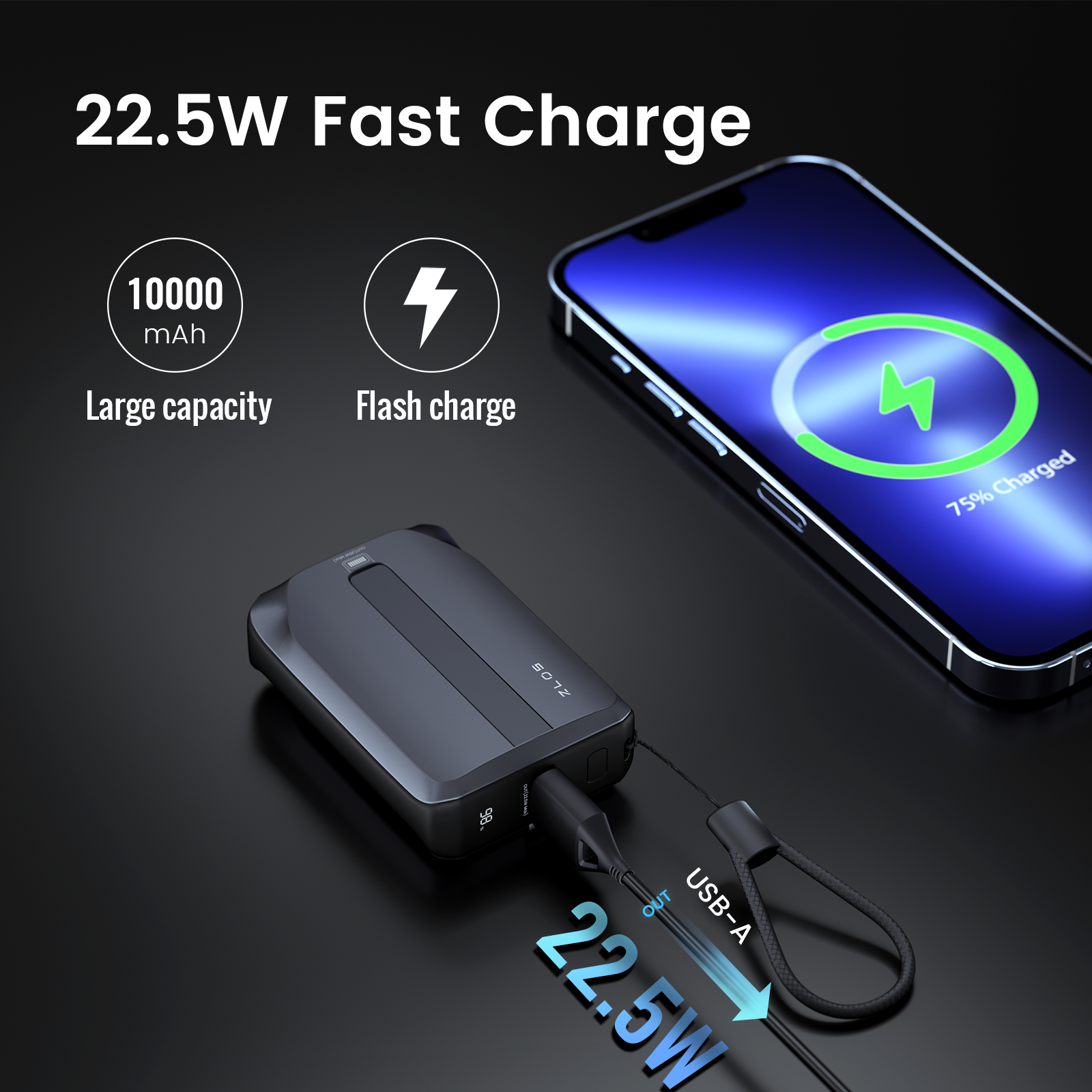 ZLOS TINY 10 Portable Mini Power Bank with Built-in Cable Charger (10000mAh)